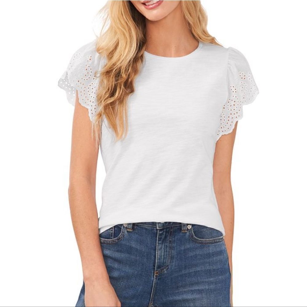 CeCe Eyelet Flutter Sleeve Knit Top NWOT